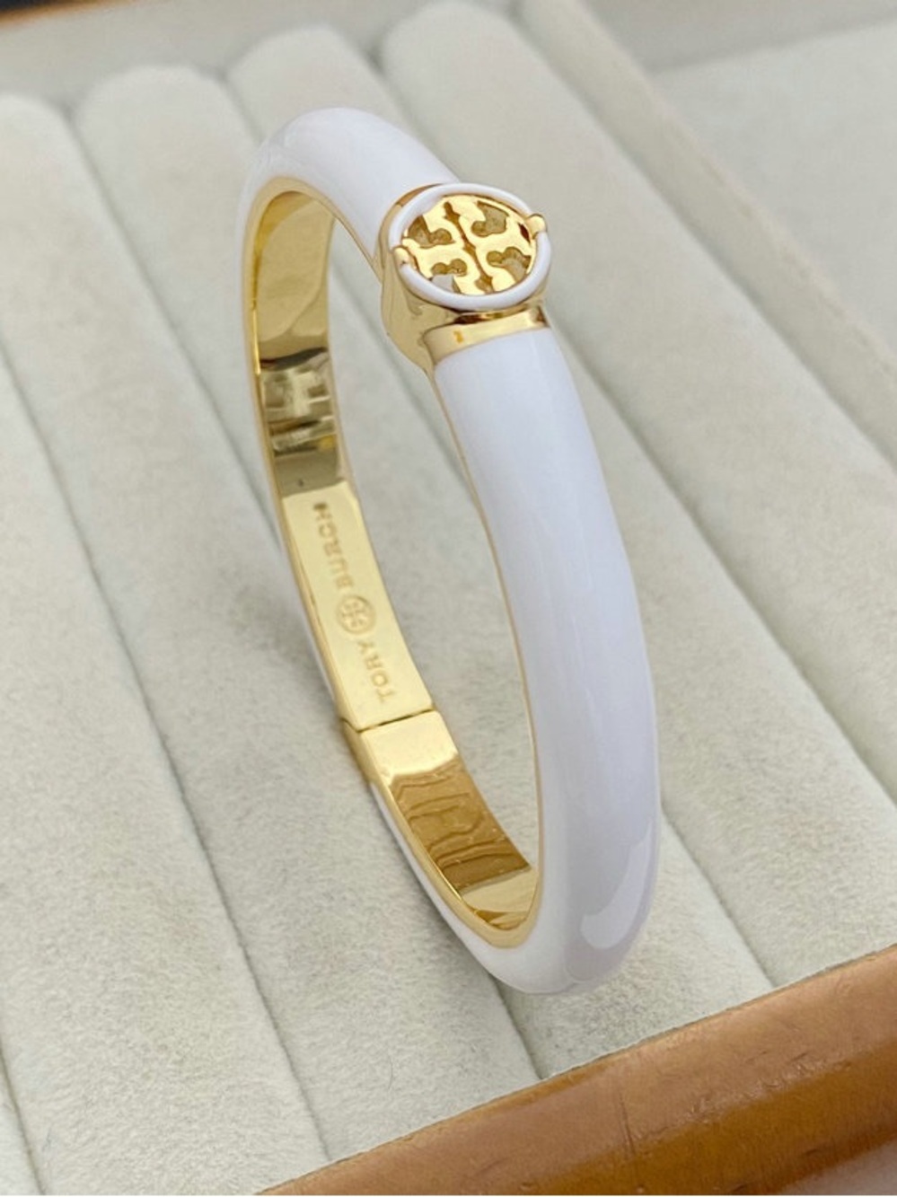 Tory Burch White Enamel Bracelet with Gold Logo Accent